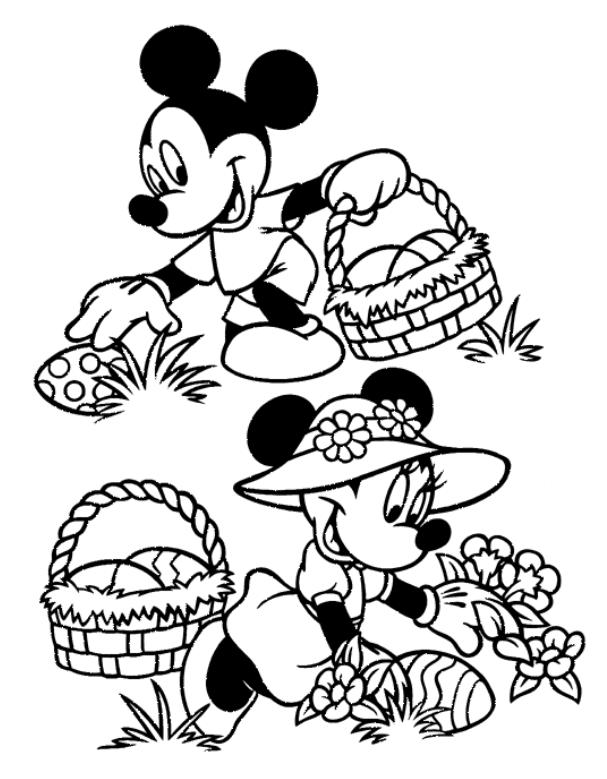 coloriage mickey et minnie cueillent les oeufs de paques